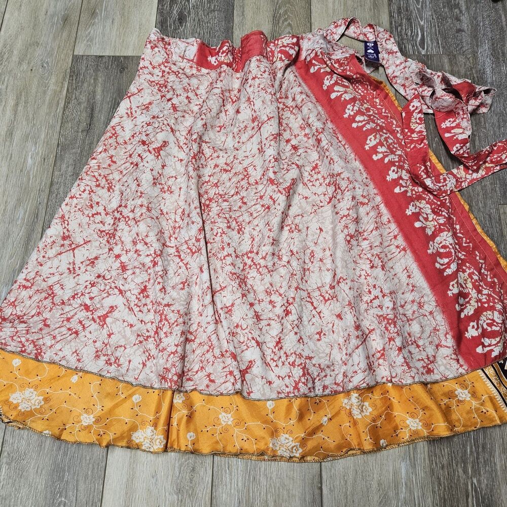 Darn Good Yarn Sari Silk Reversible Layered Mini Wrap Skirt Orange Women's